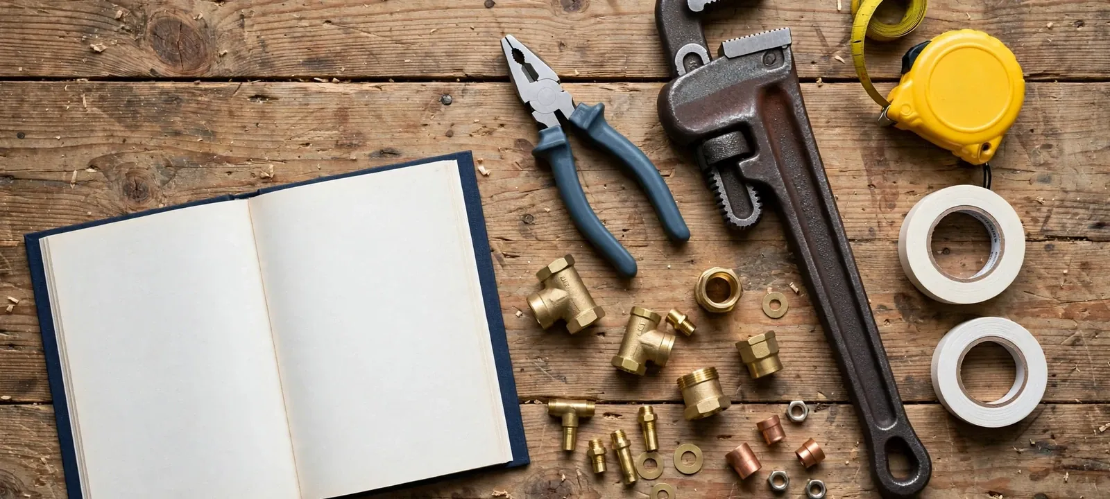 Plumbing tools and brass fittings on a wooden workbench beside an open notebook
