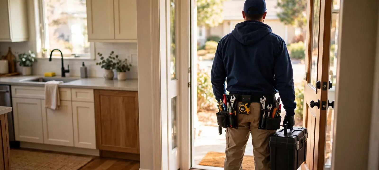 Plumber standing in a bright home kitchen with a toolbox, facing an open door