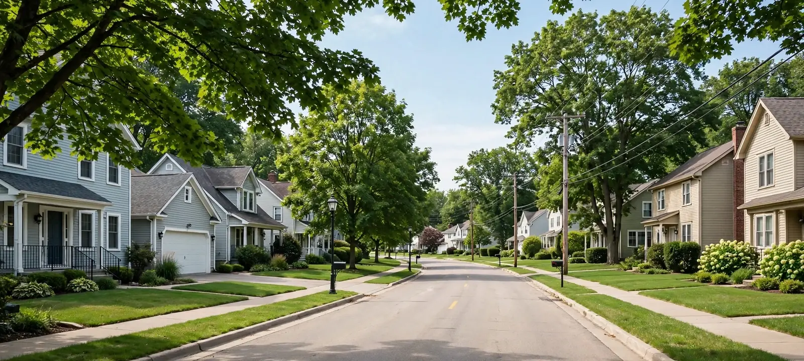 Tree-lined street with older single-family homes and porches