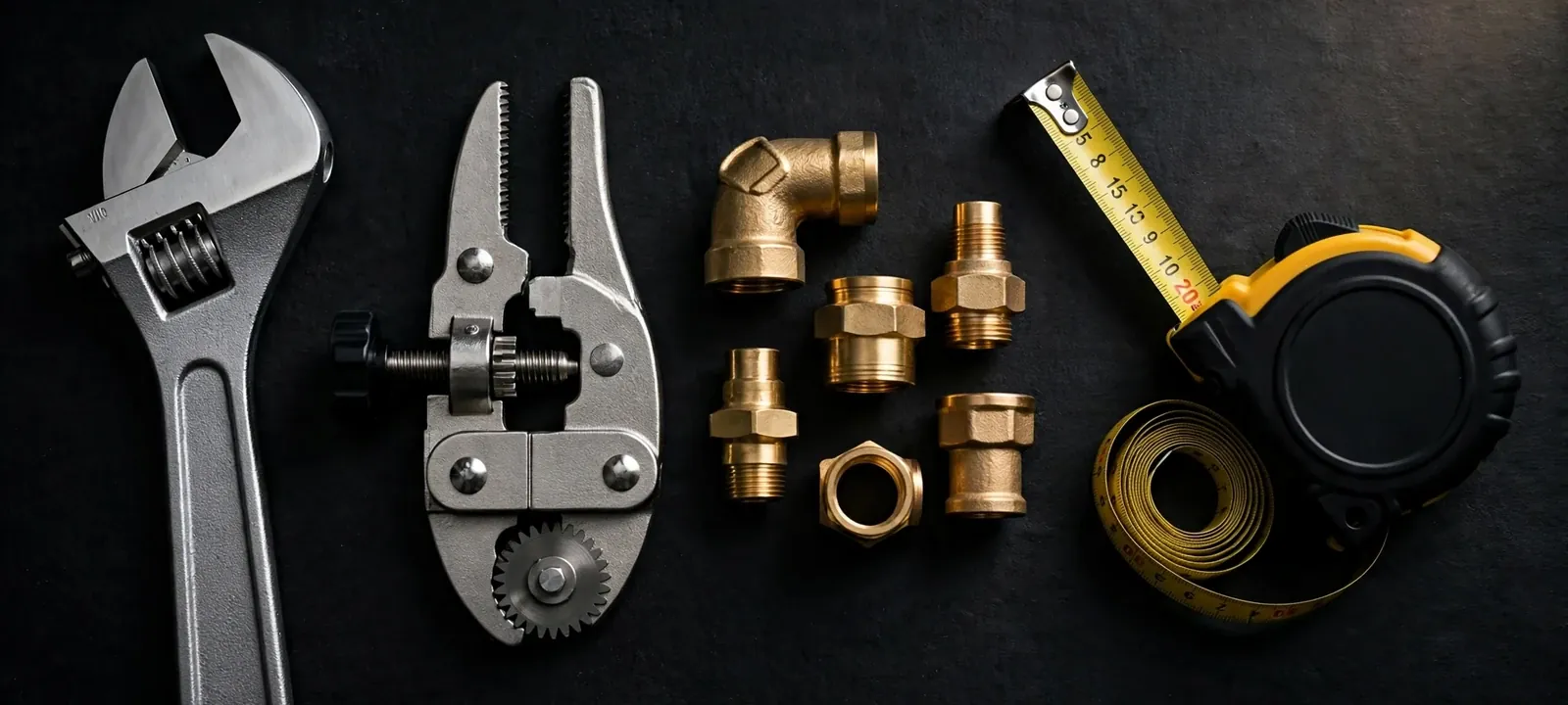 Adjustable wrench, pipe wrench, brass fittings and a tape measure on a dark surface